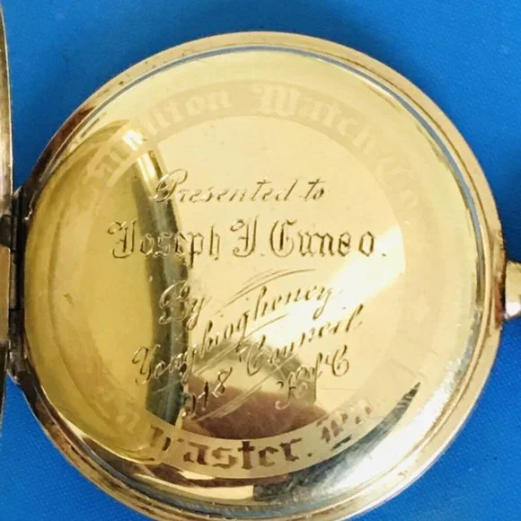 Hamilton Pocket Watch Knights of Columbus 14k Gold Pin & 14k GF Runs